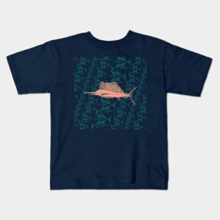 Swordfish Peach Green Dark Blue Default Background Fishing Pattern Kids T-Shirt